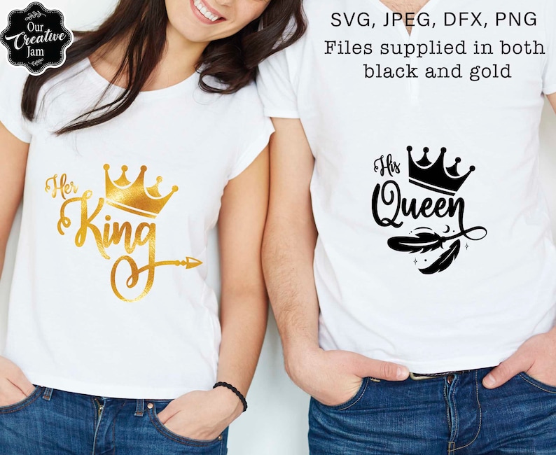 May include: Two white t-shirts with a gold crown and the text "Her King" on one shirt and a black crown and the text "His Queen" on the other shirt.
