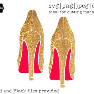 May include: Two gold high-heeled shoes with red soles. The shoes are made of a glittery material and are facing away from the viewer.