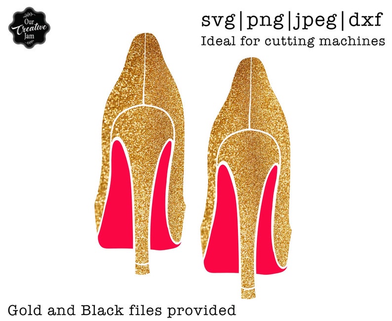 May include: Two gold high-heeled shoes with red soles. The shoes are made of a glittery material and are facing away from the viewer.