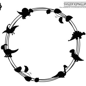 May include: Black silhouette of a circle wreath with dinosaurs and leaves around the edge. The wreath is made of two overlapping circles.
