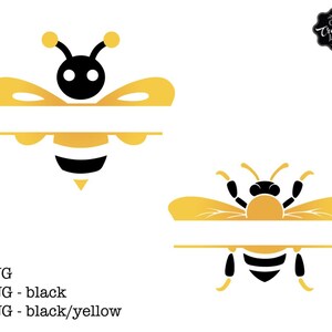 May include: Two stylized bee designs in black and yellow, with space for text. The designs are for SVG and PNG files. The text at the bottom of the image reads "SVG", "PNG - black", and "PNG - black/yellow". A small black and white logo is in the upper right corner.
