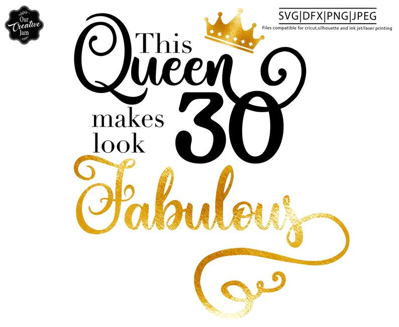 May include: Black and gold graphic design with the text "This Queen makes 30 look Fabulous" and a gold crown.