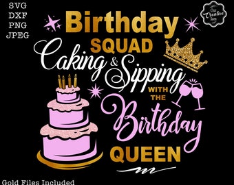 誕生日の仲間がケーキを食べて誕生日の女王と一緒にお酒を飲む SVG、誕生日の仲間の SVG、仲間の誕生日シャツの SVG、女王の誕生日の SVG