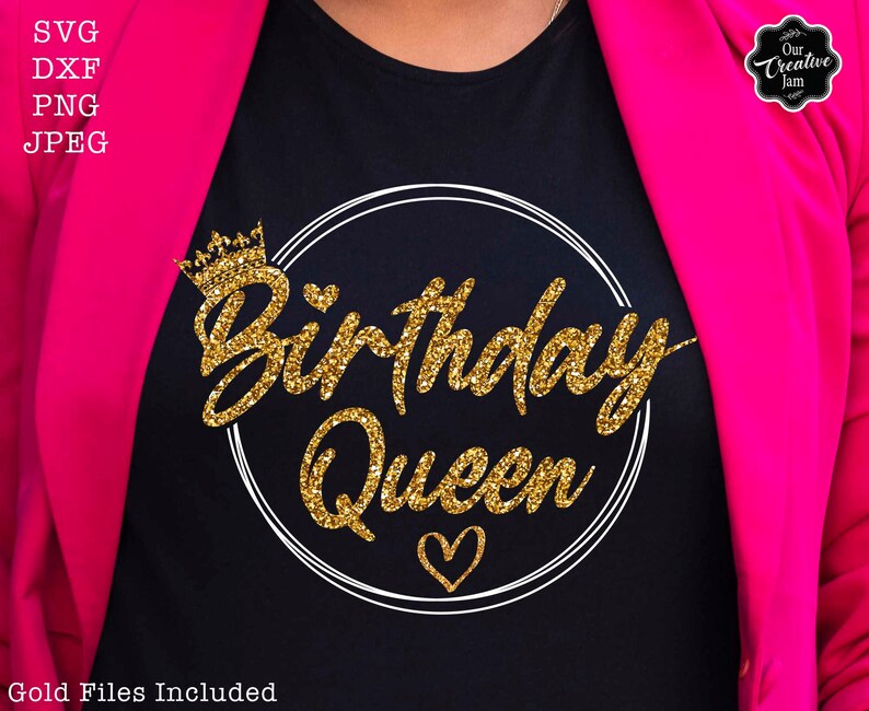 May include: A black t-shirt with a gold glitter design that says "Birthday Queen" in a circle with a crown and heart.