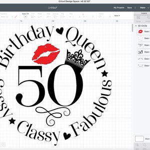 May include: A black and white design for a birthday card or party decoration. The design features the words "Sassy Birthday Queen" and "Classy Fabulous" surrounding the number "50". A red lip print and a crown are also included in the design.