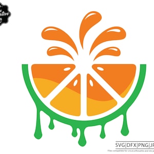May include: A green and orange graphic design of an orange slice with juice dripping from the bottom. The juice is depicted as a splash of orange liquid coming from the top of the orange slice.