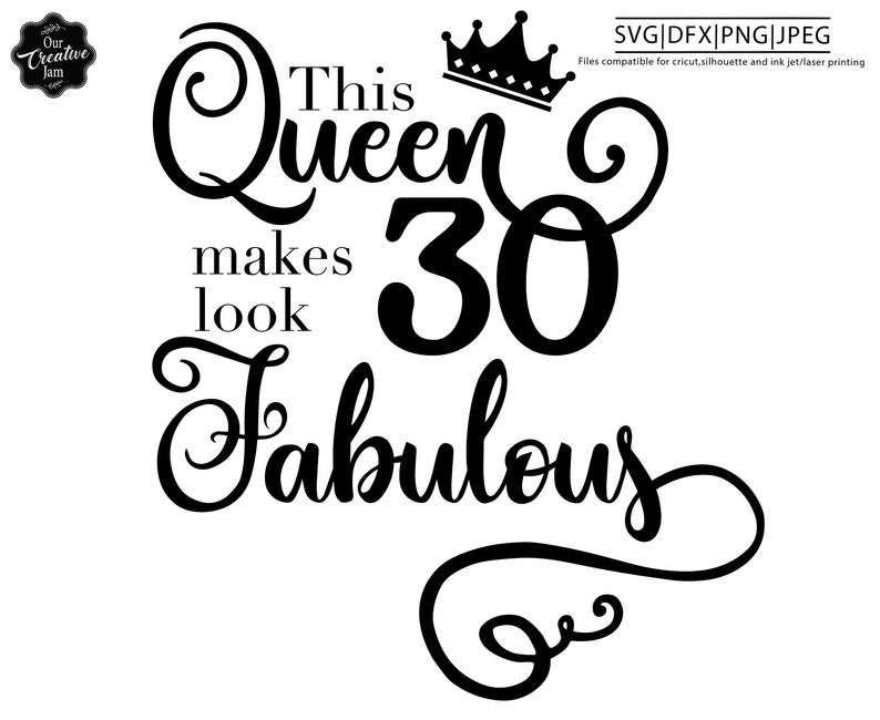 May include: Black and white graphic design with a crown and the text "This Queen makes 30 look Fabulous".