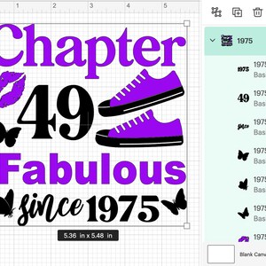 May include: Purple and black design with the text "Chapter 49 Fabulous since 1975" with a butterfly, a pair of purple sneakers, and a purple lip print.