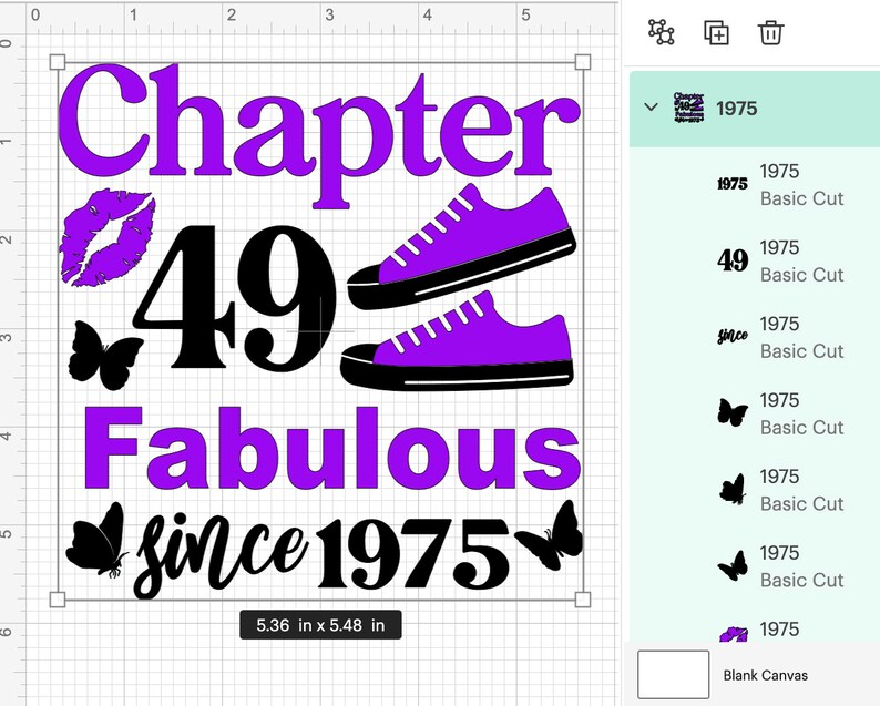 May include: Purple and black design with the text "Chapter 49 Fabulous since 1975" with a butterfly, a pair of purple sneakers, and a purple lip print.