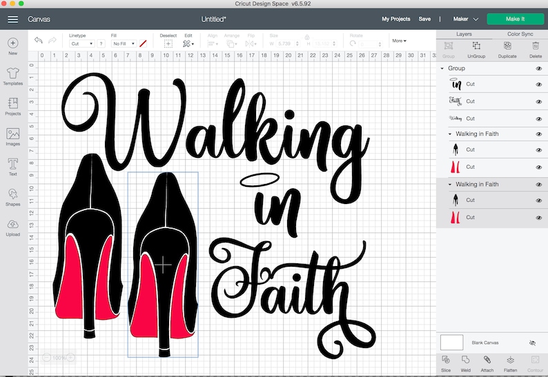 May include: Black high-heeled shoes with red soles are featured in this image, alongside the words "Walking in Faith" in a stylish script. The design is set against a grid background, suggesting a digital art or craft project.