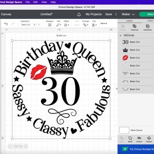 May include: A black and red design for a birthday celebration. The design features a crown, lips, and the text "Birthday Queen Sassy Classy Fabulous" surrounding the number "30".