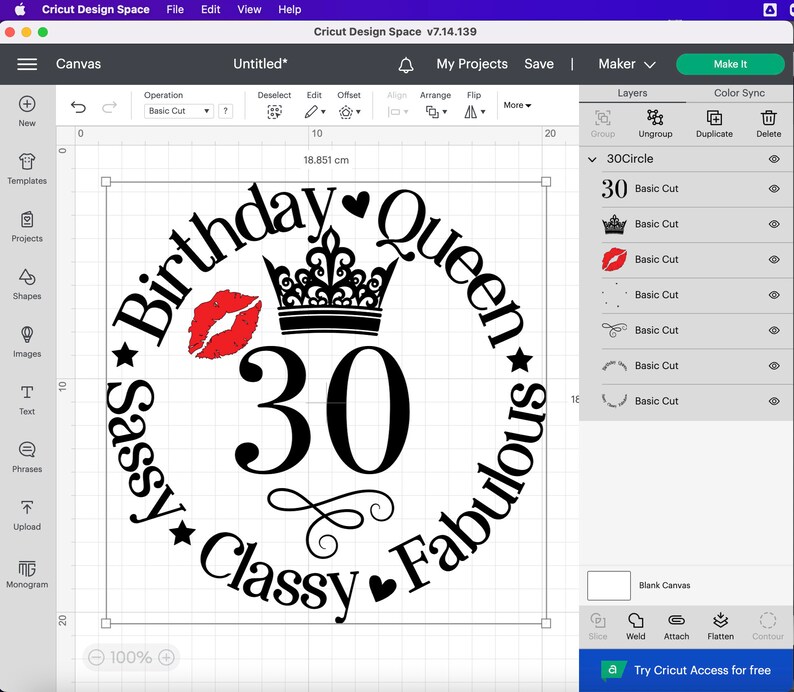 May include: A black and red design for a birthday celebration. The design features a crown, lips, and the text "Birthday Queen Sassy Classy Fabulous" surrounding the number "30".