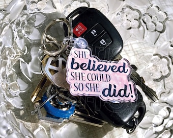 Keychain "She Believed She Could So She Did" Inspirational Saying Pink Girl Women Power Key Chains Key Ring