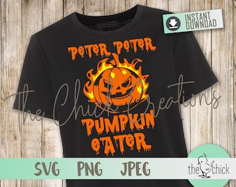 May include: Black t-shirt with an orange pumpkin graphic engulfed in flames. The text "PETER PETER PUMPKIN EATER" is above and below the pumpkin. The shirt also has the text "SVG PNG JPEG" at the bottom.