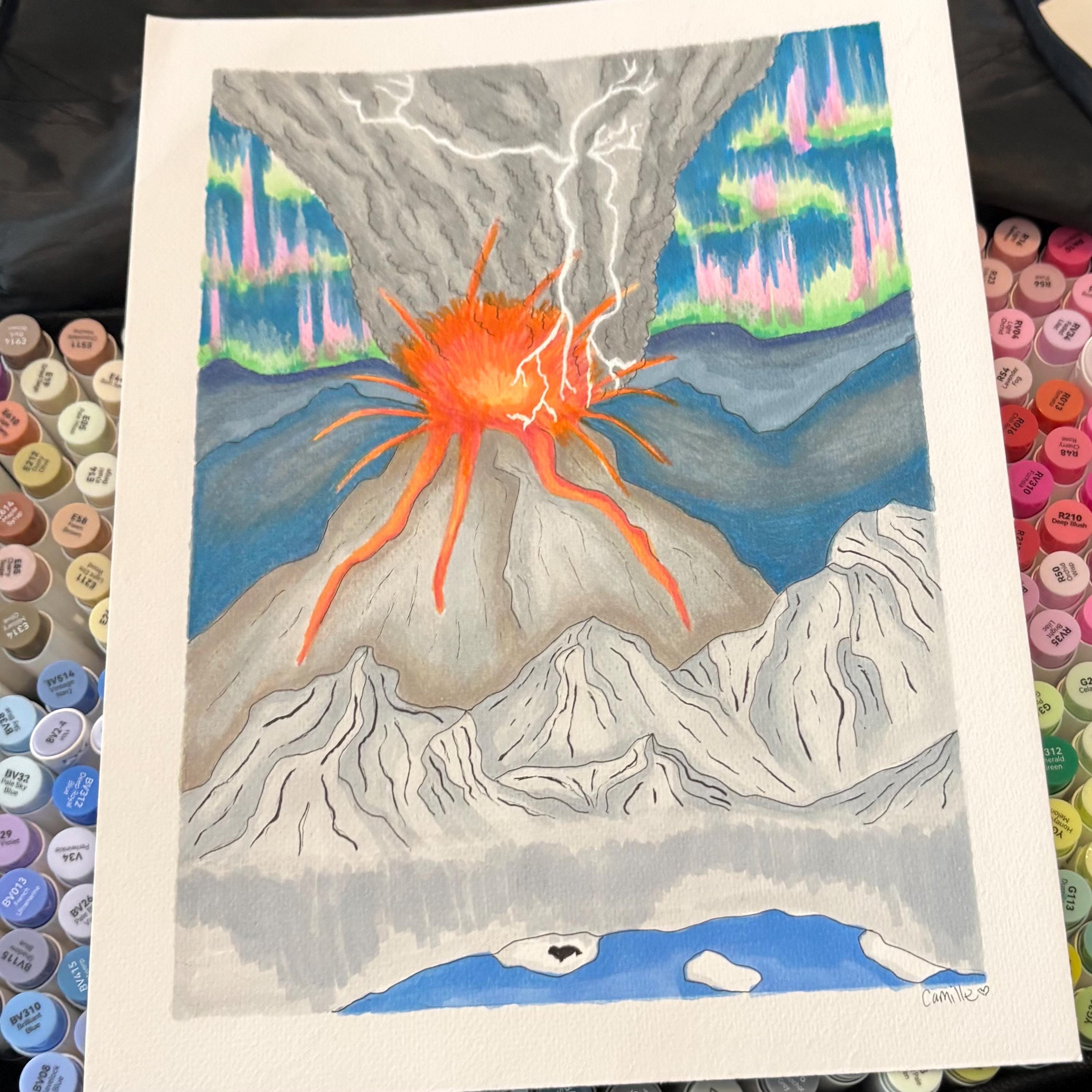 Arctic Volcano ORIGINAL Drawing - Pen & Marker - 9x12 - Etsy