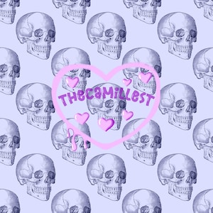 May include: A repeating pattern of detailed, vintage-style skull illustrations in shades of gray and white on a light blue background. A pink heart shape with the text "ThecaMillest" and pink hearts overlay the skulls.
