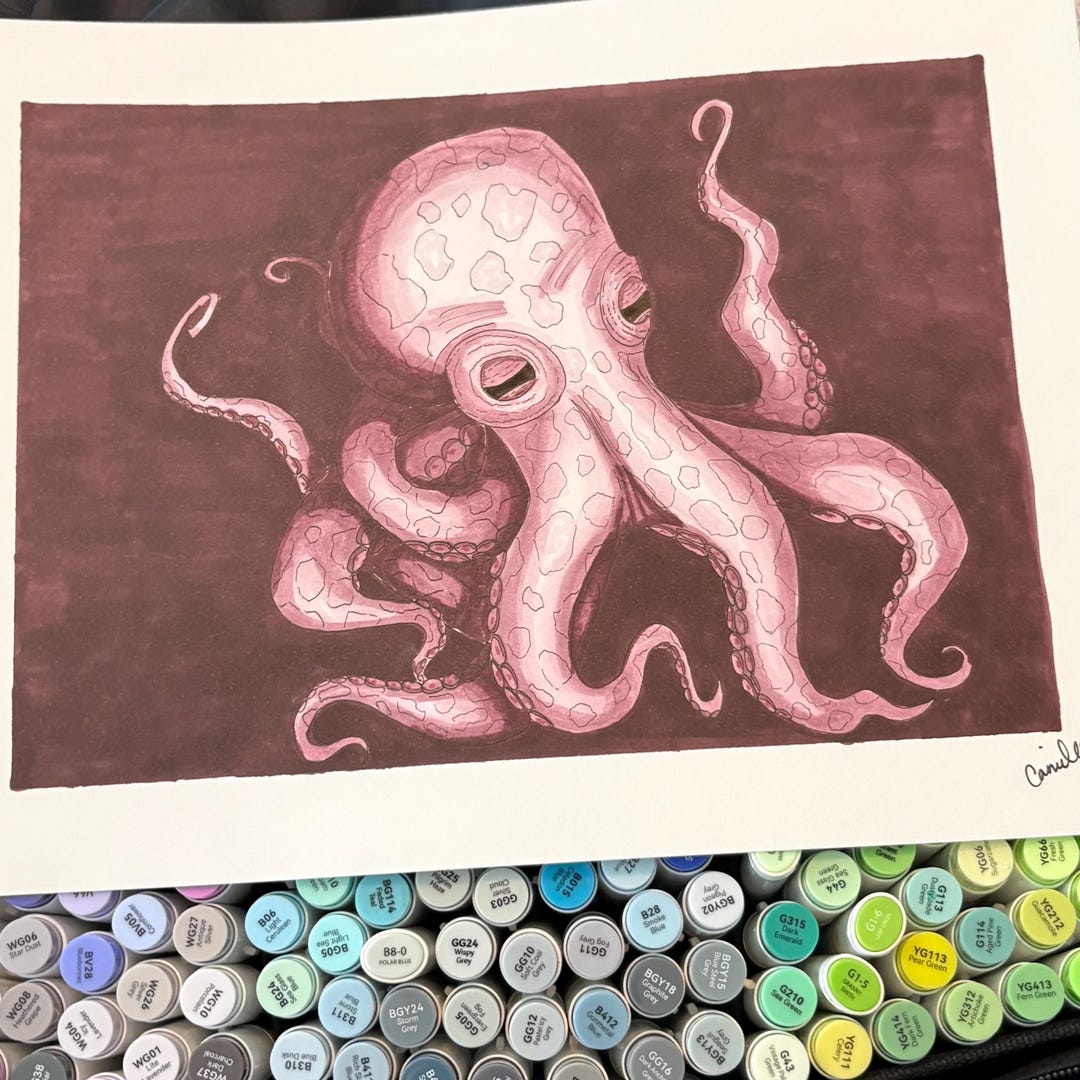 Octopus Stackable Markers Fleshy Octopus ORIGINAL Drawing - Pen & Marker - 9x12 - Etsy