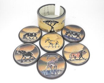 7 Piece Stone Coaster Set African Table Decor Hand Carved Stone African Safari Animal Coasters with Holder MultiColor Safari Animal Decor
