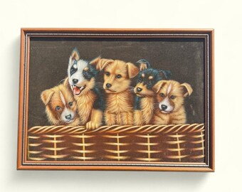 Vintage Dog painting on velvet,five dogs,home decor,wall hanging