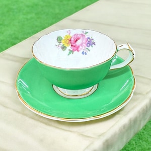 MCM Green Paragon tea cup and saucer with pink rose pattern,fine bone china
