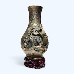 Vintage Japanese Bronze Dragon Vase With Base Heavy Weight 3D design