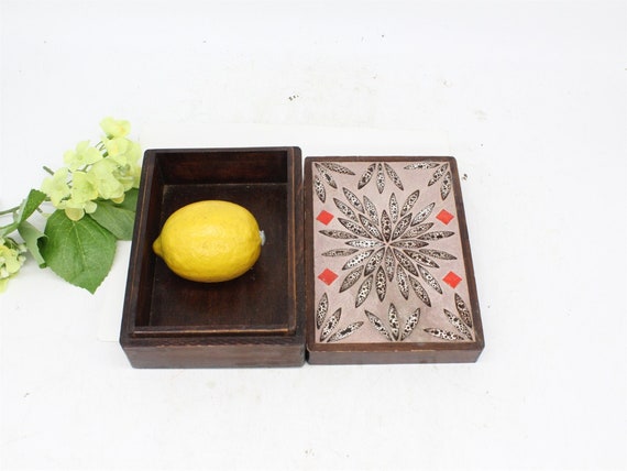 Vtg Wooden Trinket Box with Tile Inlaid Lid, Home… - image 3