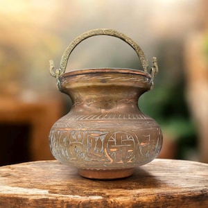 Vintage Copper Bucket with Brass Handle, Middle Eastern Decor