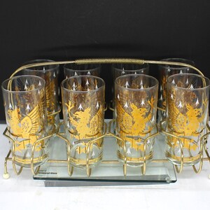 Mid century Glasses Set with Golden Metal Caddy rack