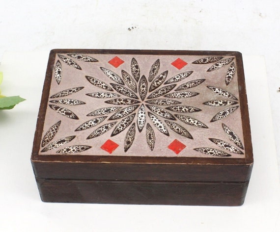 Vtg Wooden Trinket Box with Tile Inlaid Lid, Home… - image 1