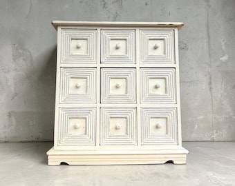 Vintage White Wooden Cabinet – 9 Drawer Geometric Organizer, Boho Jewelry Storage