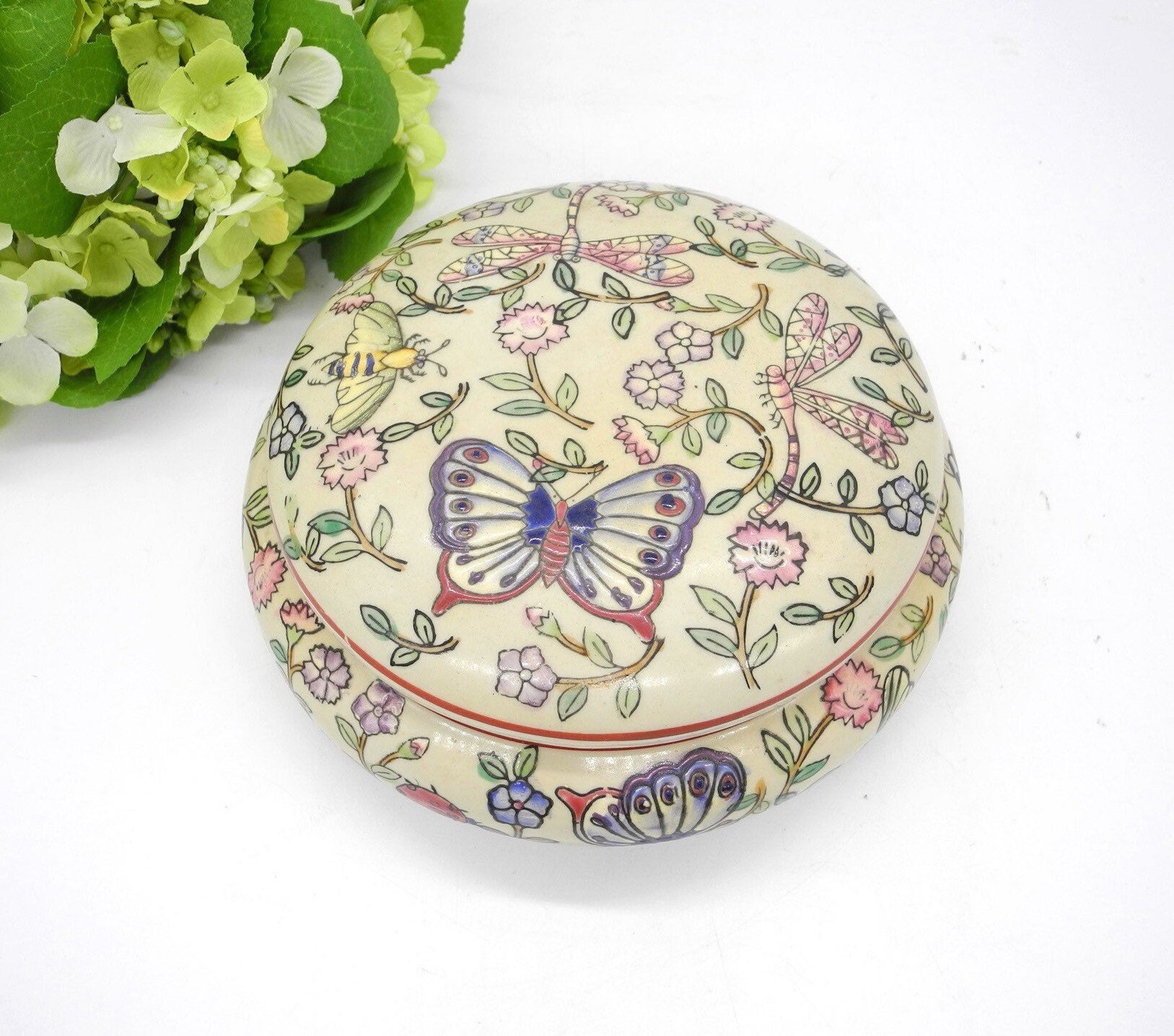 Big Vintage Hand Painted Ceramic Trinket box Botanic Scenes Etsy