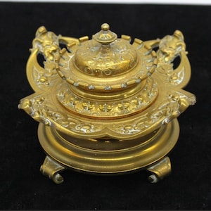 Antique French Brass Inkwell • 19th Century Floral Desk Accessory