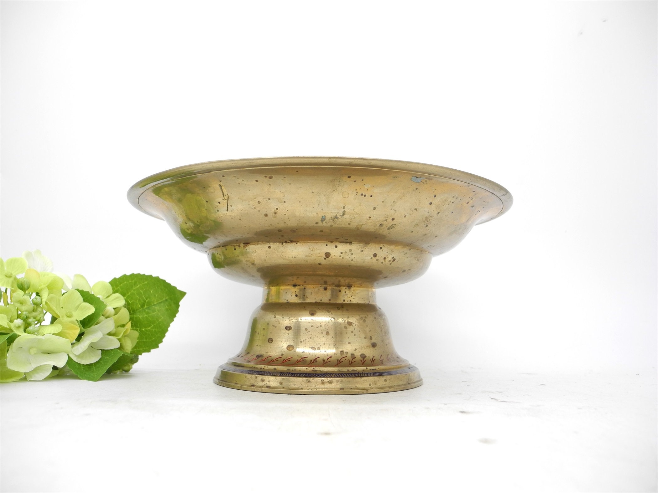 Heavy Vtg Solid Brass Footed Bowl With Enamel and Engraving Etsy