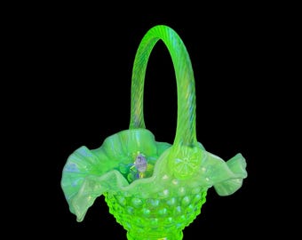 Fenton Topaz Opalescent Hobnail Basket, Uranium Glass UV Glow, Vintage 1940s-1950s USA