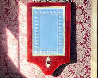 Antique French Velvet Covered Mirror 1890 | Sorcerer’s Mirror | 19th Century Convex Wall Mirror | Red Velvet Art Deco Style Decor | Victoria