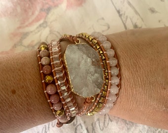 Rose Quartz  Crystal Bracelet,Raw Stone Bohemian Bracelet, Wrap Leather Bracelet,  Healing Crystals Bracelet,Yoga Meditation Bracelet