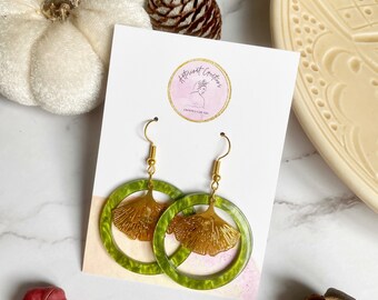 Gold Gingko Green Hoop Earrings, Hypoallergenic Acrylic Drop Hoops, Quirky Statement Leaf Earrings, Flower Jewellery