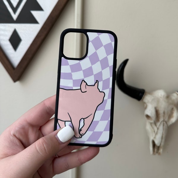 Yorkshire Market Hog Groovy Checkerboard Pattern Phone Case, Cute Livestock Phone Cases, Gifts for Her