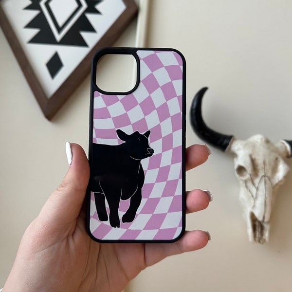 Black Market Steer Groovy Checkerboard Pattern Phone Case, Cute Livestock Phone Cases, Gifts for Her