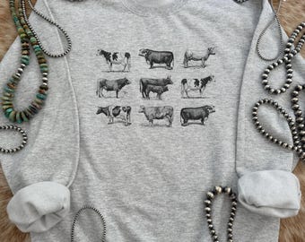 Vintage Cattle Drawings Western Crewneck Sweatshirt, Beef Farmer Crewnecks, Western Crewnecks, Western Sweatshirts, Gifts for Her