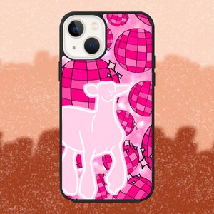 May include: A pink and white phone case with a white sheep silhouette and a pink disco ball pattern.