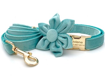 Personalized Dog Collar and Harness with Name, Dog Collar Velvet, Dog Collar and Flower.