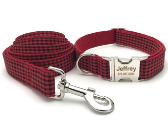 May include: Red and black checkered dog collar and leash set with a personalized silver tag that reads "Jeffrey 876-987-0000".
