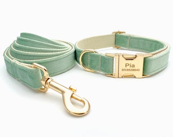 Personalized Dog Collar and Harness with Name, Pistachio Green, Dog Collar and Flower.