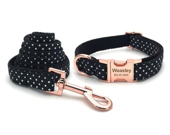 Personalized Dog Collar, Dog Collar and Leash, Collar with bowtie, Dog Collar with Name Engraved, Polka dot collar