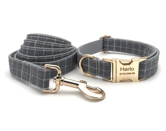 Personalized Dog Collar, Dog Collar and Leash, Collar with bowtie, Dog Collar with Name Engraved, Dog Collar Plaid