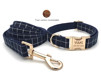 Hundehalsband und Leine, Blau kariertes Halsband, Halsband mit Fliege, Personalisiertes Hundehalsband, Hundehalsband mit Name graviert