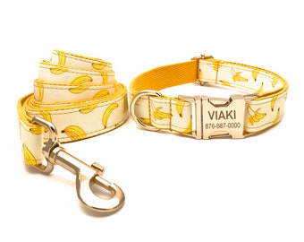Personalized Dog Collar, Dog Collar and Leash, Banana Pattern, Dog Collar with Name Engraved, Collar for Girl and Boy