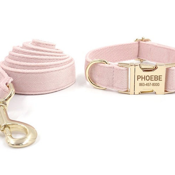 Personalized Dog Collar, Light pink velvet Collar, Dog Collar and Leash, Collar with bowtie, Dog Collar with Name Engraved