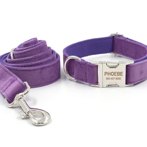 Personalized Dog Collar, Dog Collar and Leash, Purple velvet collar with bowtie, Dog Collar with Name Engraved